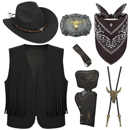 7 Stück Cowboy Fancy Dress Zubehör Set für Herren, Western Cowboy Kostüm mit Hut Quastenweste Paisley Bandana Western Boloschnalle Gürtel Holster für Karneval Fancing Cosplay (Stil 4, XXL) von Saier tbo