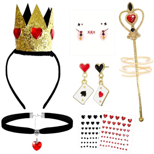 7 Stück Herzkönigin Kostüm Zubehör Set, Rotes Herz Königin Accessoires Kit mit Krone Halskette Ohrringen Zauberstab Gesichtsaufkleber Edelstein Aufkleber für Damen Halloween Karneval Party Cosplay 7 Stück Herzkönigin Kostüm Zubehör Set, Rotes Herz Königin Accessoires Kit mit Krone Halskette Ohrringen Zauberstab Gesichtsaufkleber Edelstein Aufkleber für Damen Halloween Karneval Party Cosplay von Saier tbo