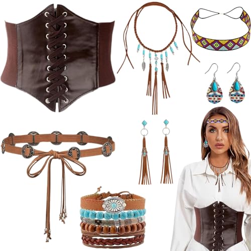 7 Stück Hippie Kostüm Set für Damen, Vintage Hippie Zubehör Kit mit Gürtel Fransenkette Ohrringen Stirnband Taillenkette Armband für Halloween Cosplay Disco Mottoparty 7 Stück Hippie Kostüm Set für Damen, Vintage Hippie Zubehör Kit mit Gürtel Fransenkette Ohrringen Stirnband Taillenkette Armband für Halloween Cosplay Disco Mottoparty von Saier tbo
