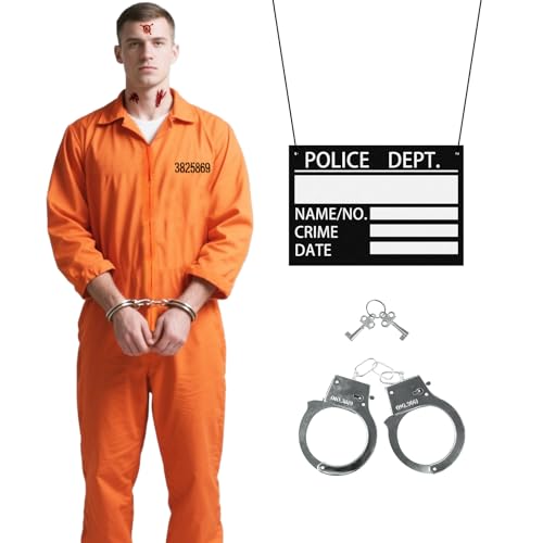 7 Stück Sträfling Kostüm Set für Herren, Orange Gefängnis Kostüm Zubehör Kit mit Gefängnisoverall Fotorequisiten Tattoo-Aufkleber Handschellen mit Schlüssel für Erwachsene Halloween Karneval (L) 7 Stück Sträfling Kostüm Set für Herren, Orange Gefängnis Kostüm Zubehör Kit mit Gefängnisoverall Fotorequisiten Tattoo-Aufkleber Handschellen mit Schlüssel für Erwachsene Halloween Karneval (L) von Saier tbo
