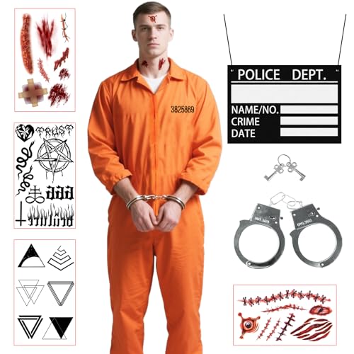 7 Stück Sträfling Kostüm Set für Herren, Orange Gefängnis Kostüm Zubehör Kit mit Gefängnisoverall Fotorequisiten Tattoo-Aufkleber Handschellen mit Schlüssel für Erwachsene Halloween Karneval (XL) 7 Stück Sträfling Kostüm Set für Herren, Orange Gefängnis Kostüm Zubehör Kit mit Gefängnisoverall Fotorequisiten Tattoo-Aufkleber Handschellen mit Schlüssel für Erwachsene Halloween Karneval (XL) von Saier tbo