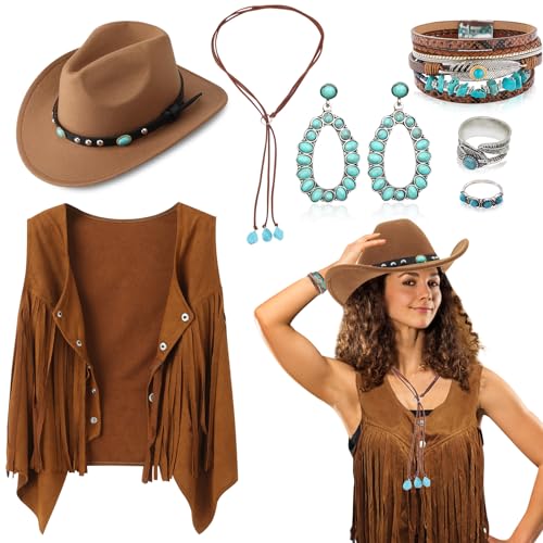 7 Stück Western Cowboy Kostüm für Damen, Cowgirl Outfits Zubehör Set mit Quastenweste Cowboyhut Boho-Halskette Ohrringen Ringen Armbändern für Karneval Fasching Halloween Cosplay (L) von Saier tbo
