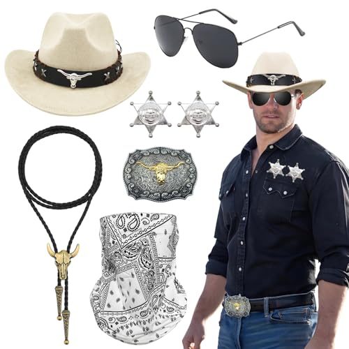 7 Stück Western Cowboy Kostümset für Herren, weißes Retro Cowboy Accessoire Set mit Cowboyhut Gesichtsmaske Brille Halskette Abzeichen für Halloween Karneval Cosplay (Weiß) von Saier tbo