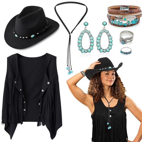 7-teiliges Western-Cowgirl-Kostüm-Set, 70er-Jahre Hippie-Kostüm, Zubehör für Damen, mit Quaste, Weste, Cowgirl-Hut, Bohemian-Stil, Türkis, Halskette, Ohrringe, Ringe, Armbänder für Cosplay, Karneval, 7-teiliges Western-Cowgirl-Kostüm-Set, 70er-Jahre Hippie-Kostüm, Zubehör für Damen, mit Quaste, Weste, Cowgirl-Hut, Bohemian-Stil, Türkis, Halskette, Ohrringe, Ringe, Armbänder für Cosplay, Karneval, von Saier tbo