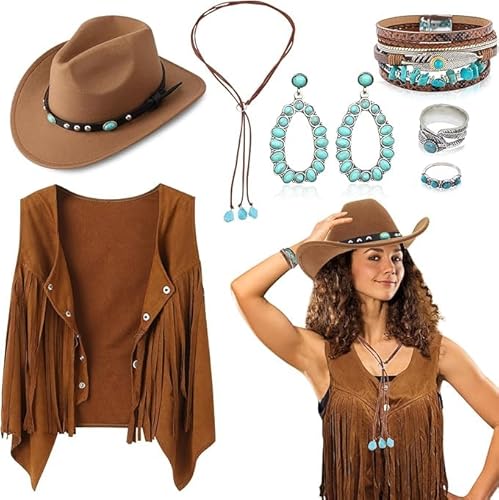 7-teiliges Western-Cowgirl-Kostüm-Set, 70er-Jahre Hippie-Kostüm, Zubehör für Damen, mit Quaste, Weste, Cowgirl-Hut, Bohemian-Stil, Türkis, Halskette, Ohrringe, Ringe, Armbänder für Cosplay, Karneval 7-teiliges Western-Cowgirl-Kostüm-Set, 70er-Jahre Hippie-Kostüm, Zubehör für Damen, mit Quaste, Weste, Cowgirl-Hut, Bohemian-Stil, Türkis, Halskette, Ohrringe, Ringe, Armbänder für Cosplay, Karneval von Saier tbo