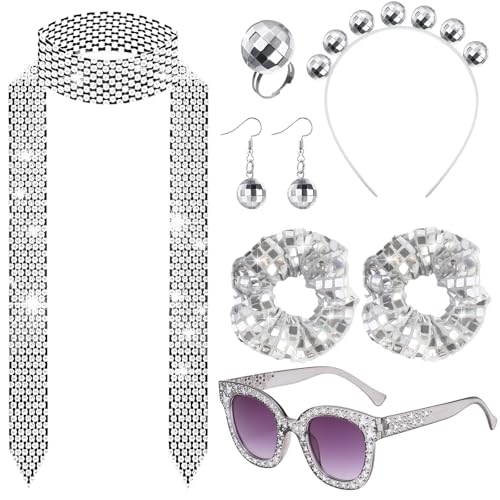 Saier tbo 7 Stück Glitzer Disco Zubehör Set, 70er Jahre Disco Accessoires mit Discokugel Haarreif Sonnenbrille Paillettenschal Ohrringe Ring Haargummis für Frauen Mottoparty Halloween von Saier tbo