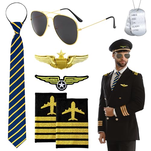 7Stück Pilot Kostüm Zubehör, Flieger Kapitän Verkleidung Accessoires mit Pilotenbrille Krawatte Schulterklappen Abzeichen Brosche Halskette für Männer Frauen Fasching Party Karneval Erwachsene Cosplay von Saier tbo