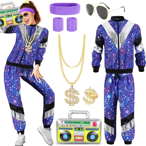 8 Stück 80er 90er Jahre Outfit für Herren Damen, Retro Disco Trainingsanzug Set mit Jacke Hose Aufblasbares Radio Stirnband Armbänder Brille Halskette Ring für Karneval Fasching Bad Taste Party von Saier tbo