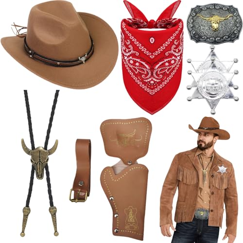 8 Stück Cowboy Kostüm Zubehör Set, Deluxe Western Cowboy Outfit Kit mit Brauner Hut Paisley Bandana Holster Gürtel Boloschnalle Krawatte Halskette Sheriff Abzeichen für Herren Hippie Cosplay Party 8 Stück Cowboy Kostüm Zubehör Set, Deluxe Western Cowboy Outfit Kit mit Brauner Hut Paisley Bandana Holster Gürtel Boloschnalle Krawatte Halskette Sheriff Abzeichen für Herren Hippie Cosplay Party von Saier tbo