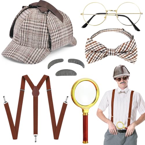8 Stück Detektiv Kostüm Zubehör Set, Retro 20er Jahre Outfit mit Detektiv Hut Y-Rücken Hosenträger Brille Schnurrbart Fliege Lupe für Kinder Erwachsenen Karneval Cosplay Maskerade Party(Braun) von Saier tbo