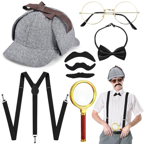 8 Stück Detektiv Kostüm Zubehör Set, Retro 20er Jahre Outfit mit Detektiv Hut Y-Rücken Hosenträger Brille Schnurrbart Fliege Lupe für Kinder Erwachsenen Karneval Cosplay Maskerade Party(Grau) von Saier tbo