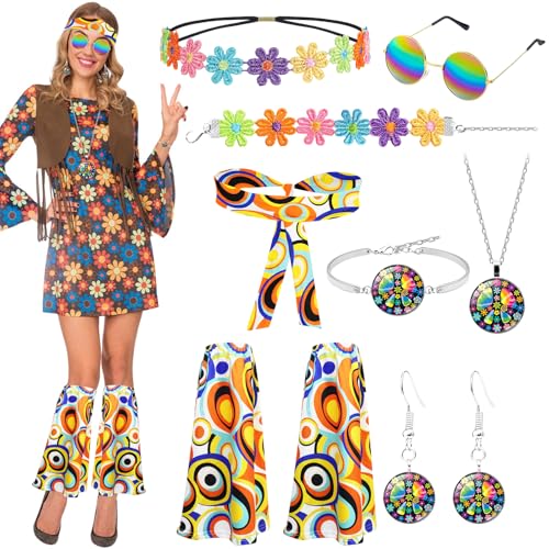 8 Stück Hippie Kostüm Damen Set, 60 er 70er Jahre Hippie Kleidung mit Beinärmel Stirnband Sonnenbrillen Halskette Ohrringe Armbänder Hippy Zubehör für Frauen Karneval Motto Disco Party 8 Stück Hippie Kostüm Damen Set, 60 er 70er Jahre Hippie Kleidung mit Beinärmel Stirnband Sonnenbrillen Halskette Ohrringe Armbänder Hippy Zubehör für Frauen Karneval Motto Disco Party von Saier tbo