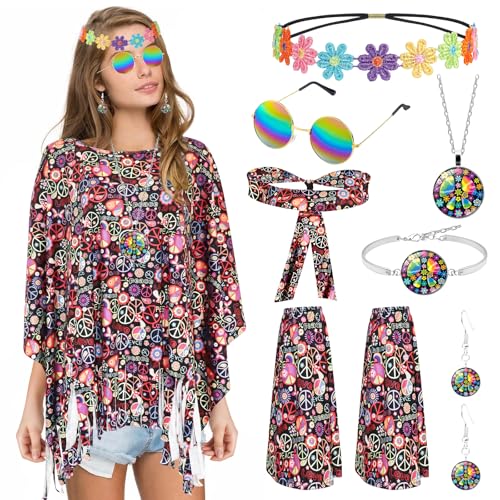 8 Stück Hippie Kostüm Damen Set, 70er Jahre Flower Power Kleidung mit Poncho Stirnband Beinstulpen Halskette Brille Haarband Ohrringe Armband für Karneval Fasching Cosplay Retro-Mottoparty 8 Stück Hippie Kostüm Damen Set, 70er Jahre Flower Power Kleidung mit Poncho Stirnband Beinstulpen Halskette Brille Haarband Ohrringe Armband für Karneval Fasching Cosplay Retro-Mottoparty von Saier tbo