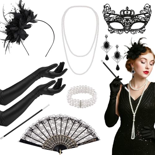 8-teiliges 1920er-Jahre Flapper Great Gatsby Zubehör-Set, 20er Jahre Flapper-Kostüm, Vintage-Set mit Stirnband, Handschuhen, Halskette, Spitze, faltbarer Fächer, Handheld-Requisite für Damen, Mädchen 8-teiliges 1920er-Jahre Flapper Great Gatsby Zubehör-Set, 20er Jahre Flapper-Kostüm, Vintage-Set mit Stirnband, Handschuhen, Halskette, Spitze, faltbarer Fächer, Handheld-Requisite für Damen, Mädchen von Saier tbo