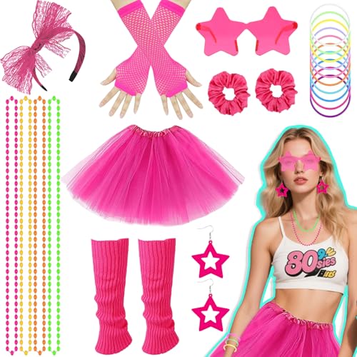 22 Stück 80er 90er Jahre Outfit für Damen, Retro Neon 1980er Kleidung Kostüm mit Tutu-Rock Beinwärmern Netzhandschuhen Schleifen Stirnband Brille für Erwachsene Kinder Karneval Mottoparty Cosplay von Saier tbo