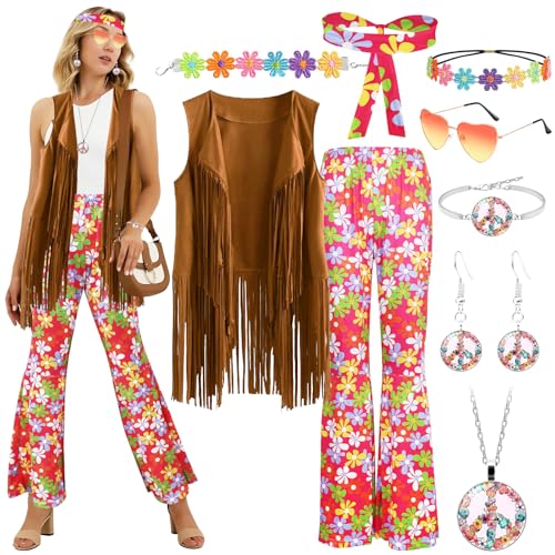 9 Stück Hippie Kostüm Set für Damen, 70er Jahre Frauen Hippie Kleidung mit Fransenweste Schlaghose Stirnband Sonnenbrille Halskette Ohrringe für Karneval Fasching Disco Motto Party (M) von Saier tbo