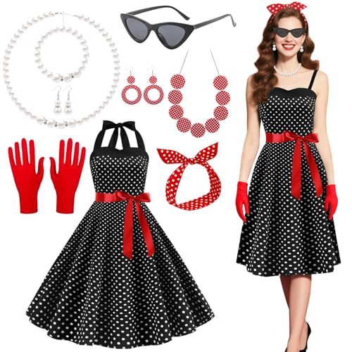 9 Stück Rockabilly Accessoires für Damen, 50er Jahre Vintage Kostüm Zubehör Set mit Gepunktetes Kleid Stirnband Brille Handschuhe Halskette Armband Ohrringe für Halloween Karneval Retro Mottoparty 9 Stück Rockabilly Accessoires für Damen, 50er Jahre Vintage Kostüm Zubehör Set mit Gepunktetes Kleid Stirnband Brille Handschuhe Halskette Armband Ohrringe für Halloween Karneval Retro Mottoparty von Saier tbo