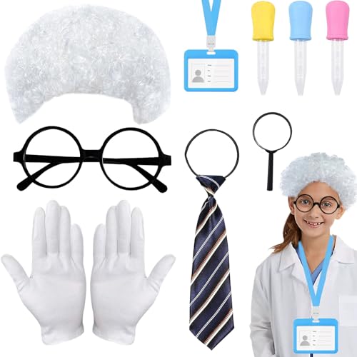 9-teiliges verrückter Wissenschaftler-Kostüm-Set, Wissenschaftler-Kostüm-Set mit Brille, Perücke, Krawatte, Handschuhe, Arbeitskarte, Lupe, Flüssigkeitstropfer für Kinder, Erwachsene, Festival, Party 9-teiliges verrückter Wissenschaftler-Kostüm-Set, Wissenschaftler-Kostüm-Set mit Brille, Perücke, Krawatte, Handschuhe, Arbeitskarte, Lupe, Flüssigkeitstropfer für Kinder, Erwachsene, Festival, Party von Saier tbo