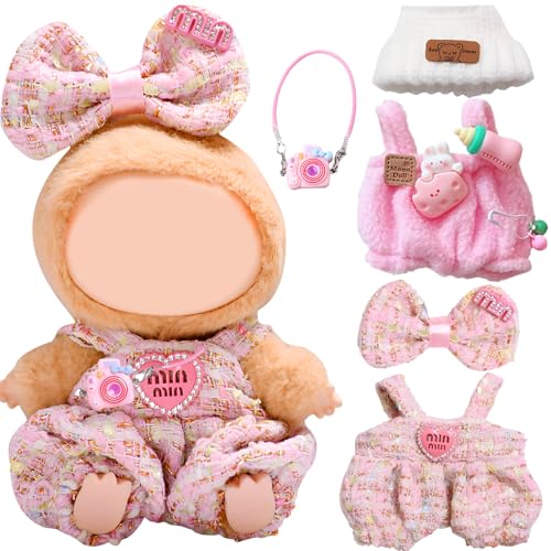 5 Stück Kleidung für Puppe, 17 cm Puppenkleidung Zubehör mit Rosa Overall Weiße Bärenmütze Miniatur-Kamerarucksack Haarspange mit Schleife für Jungen Mädchen Geschenke (Ohne Puppe) von Saier tbo