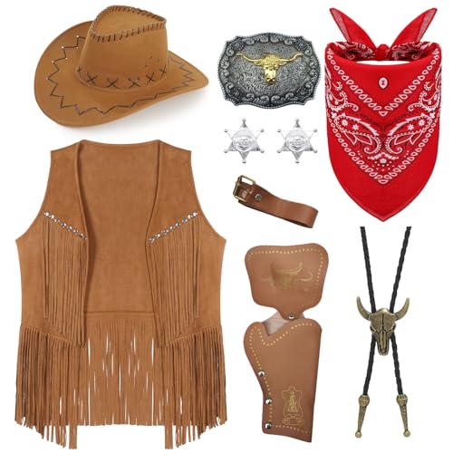 9 Stück Cowboy Kostüm Zubehör Set für Herren, Western Cowboy Cosplay Kleidung Kit mit Hut Quastenweste Bandana Holster Gürtel Boloschnalle Krawatte Halskette Sheriff Abzeichen für Karneval Fancing von Saier tbo