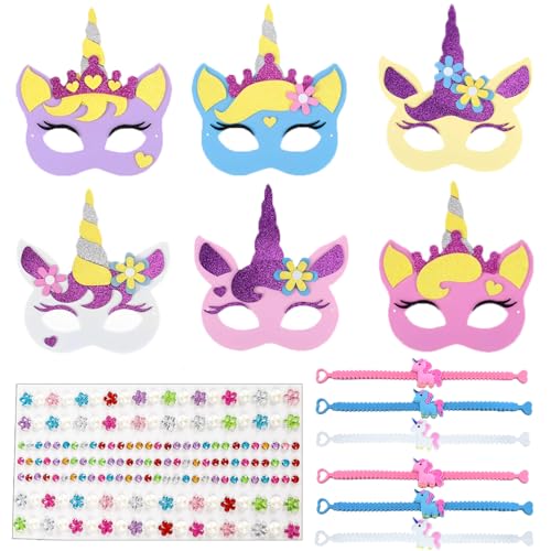 Saier tbo 13 Stück Einhornmasken Bastelset für Kinder, Kreative DIY Einhorn Kunsthandwerk mit Filz Masken Silikonarmband Strass Aufkleber für Geburtstag Mitgebsel Karneval Mottoparty Deko von Saier tbo