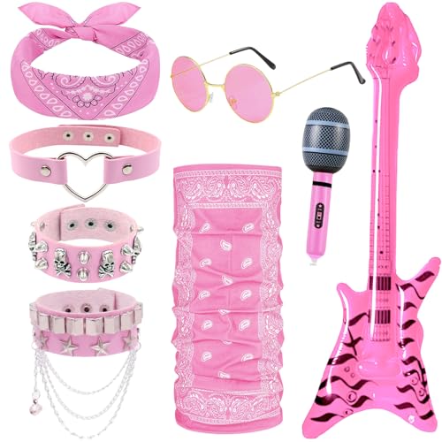 Rocker-Kostüm-Set, Punk, Gothic-Kostüm, mit aufblasbarem Bass-Mikrofon, Armband, Halsband, Brille, Bandana, Maske, Rockstar, Schwermetall, Zubehör für Damen, Erwachsene, Cospay, Disco, Party, 8-teilig von Saier tbo