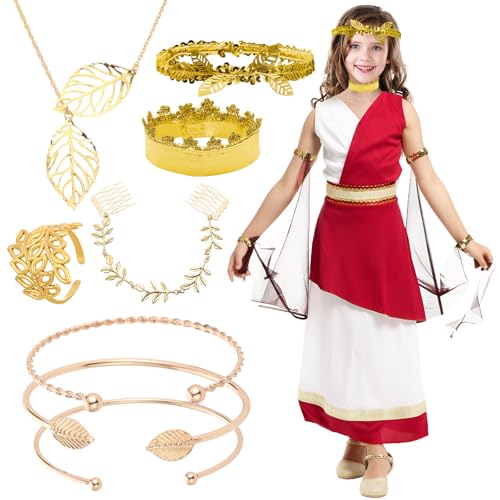 Saier tbo 11-teiliges antikes römisch-griechisches Göttin-Kostüm-Set, weiß-rotes Toga-Kostüm mit goldenem Lorbeer-Stirnband, Halsband, Pailletten-Armband, Armband für Kinder, Mädchen, Weltbuchtag Saier tbo 11-teiliges antikes römisch-griechisches Göttin-Kostüm-Set, weiß-rotes Toga-Kostüm mit goldenem Lorbeer-Stirnband, Halsband, Pailletten-Armband, Armband für Kinder, Mädchen, Weltbuchtag von Saier tbo
