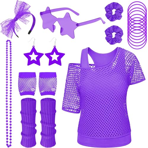 Saier tbo 20 Stück 80er Jahre Outfits für Damen, 1980er Kostüm Zubehör Set mit Netzoberteil Tanktop Beinwärmern Netzhandschuhen für Mädchen Karneval 80er Disco Cosplay Mottoparty von Saier tbo