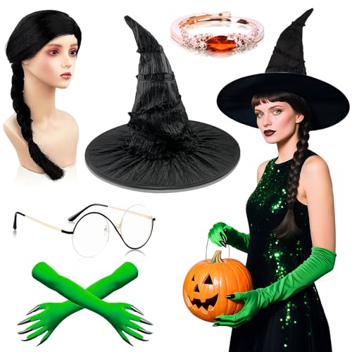Saier tbo 5 Stück Hexen Kostüm für Damen, Grünes Hexen Zubehör Set mit Hexenhut Perücke Brille Lange Handschuhe Roten Edelsteinring für Erwachsene Halloween Cosplay Mottoparty Saier tbo 5 Stück Hexen Kostüm für Damen, Grünes Hexen Zubehör Set mit Hexenhut Perücke Brille Lange Handschuhe Roten Edelsteinring für Erwachsene Halloween Cosplay Mottoparty von Saier tbo