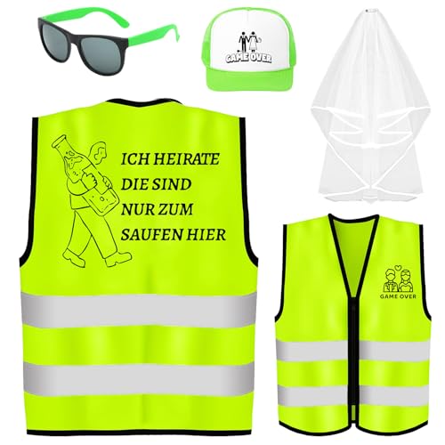 5 Stück JGA Herren Kostüm Zubehör Set, Grün Junggesellenabschied Kostüm Kit mit Warnwesten, Hüte, Brillen, Schleier mit Anstecknadeln für Männer Junggesellenabschied Party Hochzeit Deko von Saier tbo