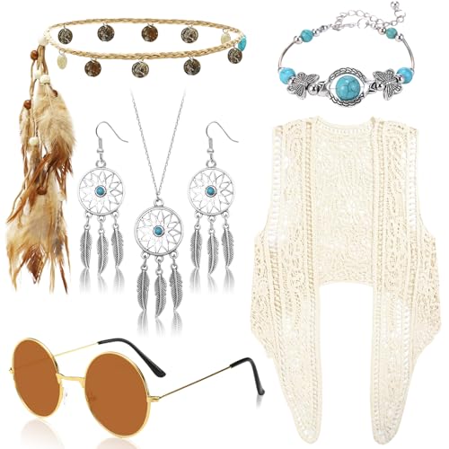 Saier tbo 6 Stück Hippie Kostüm Set für Damen, 60er 70er Jahre Bohemian Kleidung mit Boho Häkeln Weste Feder Kopfschmuck Sonnenbrille Halskette Ohrring Armband für Karneval Festival Party Cosplay Saier tbo 6 Stück Hippie Kostüm Set für Damen, 60er 70er Jahre Bohemian Kleidung mit Boho Häkeln Weste Feder Kopfschmuck Sonnenbrille Halskette Ohrring Armband für Karneval Festival Party Cosplay von Saier tbo