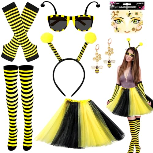 Saier tbo 7 Stück Erwachsene Bienen Kostüm Set Damen Hummel Fancy Dress Set Mit Tüllrock Haarreif Gestreifte Strümpfe Handschuhe Gesichts Tattoo Brille Ohrringe für Karneval Dress Up Party Cosplay von Saier tbo