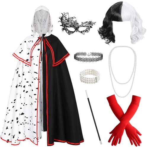 Saier tbo 8 Stück Cruella Kostüm Set für Damen, Schwarze und weiße Perücke Devil Kit mit Umhang Perücke Handschuhe Maske Halsband Halskette Zigarette Armband für Halloween Fasching Mottoparty Saier tbo 8 Stück Cruella Kostüm Set für Damen, Schwarze und weiße Perücke Devil Kit mit Umhang Perücke Handschuhe Maske Halsband Halskette Zigarette Armband für Halloween Fasching Mottoparty von Saier tbo