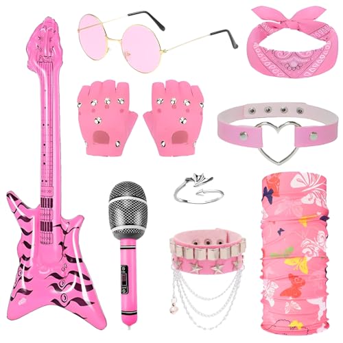 Saier tbo 9-teiliges rosa Rock-Punk-Kostüm-Set, Schwermetall-Rocker-Zubehör-Set mit Handschuhen, Armbändern, Brillen, Bandana-Ring, aufblasbares Gitarren-Mikrofon für Erwachsene, Karneval, Halloween von Saier tbo