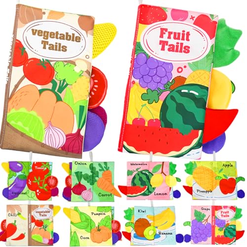 2 Stück Baby Stoffbuch, Soft Waschbar 3D Bilderbuch Stoffbücher Spielzeug ab 3 6 12 18 Monate Fühlbuch Knisterbuch mit Schwanz Baby Bücher Quiet Book für Jungen Mädchen (Früchte + Gemüse) von Saier tbo