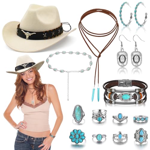 Saier tbo 14-teiliges Western-Cowboy-Zubehör-Set für Damen, weißes 70er-Jahre-Cowgirl-Kostüm-Set mit Cowboyhut, Ohrringen, Halsketten, Taillenkette für Halloween, Karneval, Thema, Cosplay von Saier tbo