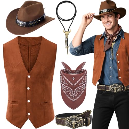 Saier tbo Herren Cowboy-Kostüm-Outfits, Western-Cowboy-Kostüm mit Weste, breiter Krempe, Hut, Gürtel, Paisleymuster, Halstuch, Halskette, Wilder Westen, Zubehör für Erwachsene, Cosplay, 5 Stück Saier tbo Herren Cowboy-Kostüm-Outfits, Western-Cowboy-Kostüm mit Weste, breiter Krempe, Hut, Gürtel, Paisleymuster, Halstuch, Halskette, Wilder Westen, Zubehör für Erwachsene, Cosplay, 5 Stück von Saier tbo
