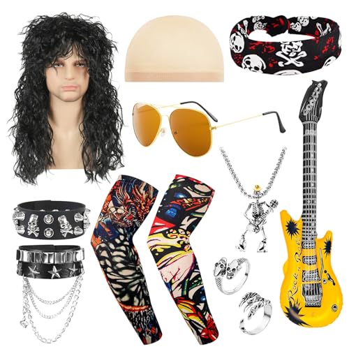 Saier tbo Rockstar-Kostüm-Set, Rockstar-Kostüm-Set mit Hippie-Perücke, Sonnenbrille, Stirnband, Gitarren-Requisiten für Männer und Frauen, Punk-Party, Karneval, Cosplay, 10-teilig Saier tbo Rockstar-Kostüm-Set, Rockstar-Kostüm-Set mit Hippie-Perücke, Sonnenbrille, Stirnband, Gitarren-Requisiten für Männer und Frauen, Punk-Party, Karneval, Cosplay, 10-teilig von Saier tbo