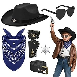 Saier tbo Western-Cowboy-Kostüm-Zubehör-Set für Kinder, Cowboy-Kostüm-Set mit Hut, Bandana, Sonnenbrille, Abzeichen, Holster, Gürtel für Jungen, Mädchen, Geburtstag, Party, Halloween, Cosplay (Schwarz Saier tbo Western-Cowboy-Kostüm-Zubehör-Set für Kinder, Cowboy-Kostüm-Set mit Hut, Bandana, Sonnenbrille, Abzeichen, Holster, Gürtel für Jungen, Mädchen, Geburtstag, Party, Halloween, Cosplay (Schwarz von Saier tbo