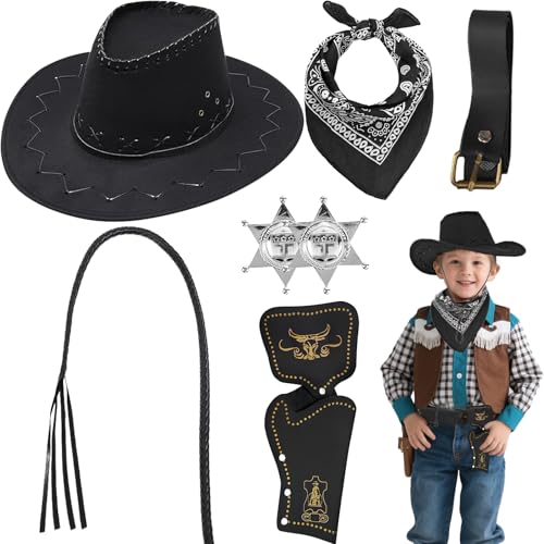 Saier tbo Western-Cowboy-Kostüm-Zubehör-Set für Kinder, Cowboy-Outfit-Set mit Hut, Kopftuch, Holster, Gürtel, Peitsche für Jungen und Mädchen, Western-Rollenspiel, Halloween, Party, Cosplay, 7-teilig Saier tbo Western-Cowboy-Kostüm-Zubehör-Set für Kinder, Cowboy-Outfit-Set mit Hut, Kopftuch, Holster, Gürtel, Peitsche für Jungen und Mädchen, Western-Rollenspiel, Halloween, Party, Cosplay, 7-teilig von Saier tbo