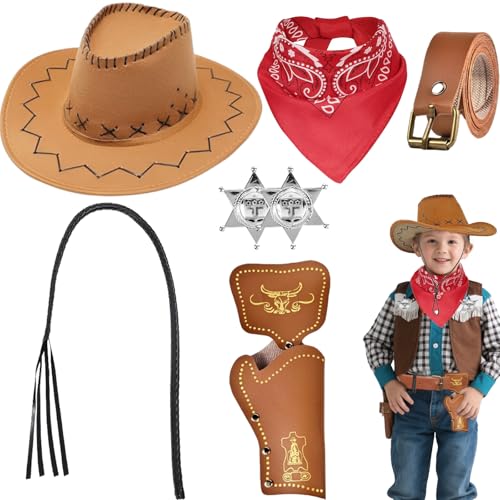 Saier tbo Western-Cowboy-Kostüm-Zubehör-Set für Kinder, Cowboy-Outfit-Set mit Hut, Kopftuch, Holster, Gürtel, Peitsche für Jungen und Mädchen, Western-Rollenspiel, Halloween, Party, Cosplay, 7-teilig von Saier tbo