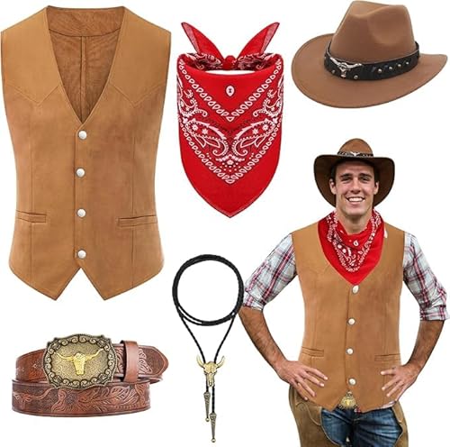 Saier tbo Western-Cowboy-Kostüm für Herren, Cowboy-Outfit-Set mit Weste, breiter Krempe, Hut, Gürtel, Paisleymuster, Bandana, Stierkopf, Halskette, wildes Western-Zubehör für Erwachsene, Cosplay Saier tbo Western-Cowboy-Kostüm für Herren, Cowboy-Outfit-Set mit Weste, breiter Krempe, Hut, Gürtel, Paisleymuster, Bandana, Stierkopf, Halskette, wildes Western-Zubehör für Erwachsene, Cosplay von Saier tbo