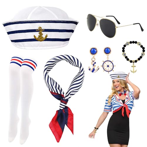 Seemannskapitänskostüm-Zubehör-Set, Seemanns-Kostüm, Anzug mit Matrosenmütze, Schal, Strümpfen, Brillen, Ohrringen, Armbändern für Damen, Kapitäne, Verkleidungsparty, 6-teilig von Saier tbo