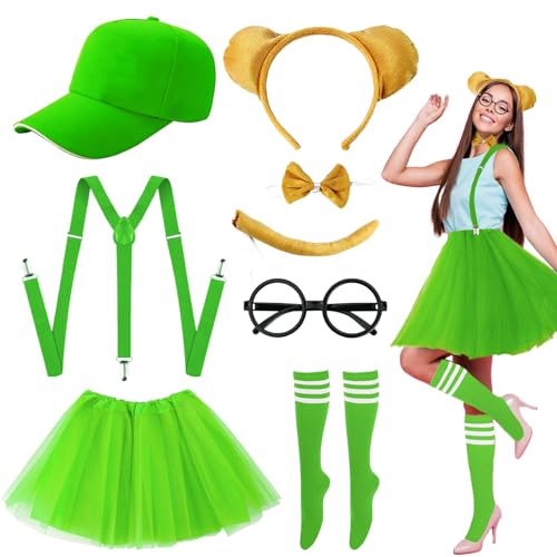 Streifenhörnchen-Kostüm-Set, Weltbuchtag, Maus, Cosplay, Kostüm, inkl. Hut, Stirnband, Fliege, Schwanz, Brillen, Rahmen, Tutu, Rock, Socken, Y-förmige Hosenträger für Erwachsene und Jugendliche (Grün Streifenhörnchen-Kostüm-Set, Weltbuchtag, Maus, Cosplay, Kostüm, inkl. Hut, Stirnband, Fliege, Schwanz, Brillen, Rahmen, Tutu, Rock, Socken, Y-förmige Hosenträger für Erwachsene und Jugendliche (Grün von Saier tbo