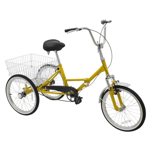 20 Zoll Dreirad für Erwachsene Falt Fahrrad Trike mit Korb 3 Rad Single Speed Gelb Einkaufs Lastenfahrrad Single Speed-Dreirad Faltbar 110 Kg Einkaufskorb Damen Herren Tricycle von SailorMoon