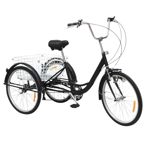 24 Zoll Erwachsene Dreirad 6 Gang Tiefeinstieg Rad Fahrrad RäDer mit Einkaufskorb Korb Gang Fahrrad DreiräDriges Senioren Geeignet für Radwege Einstellbare Fahrzeughö Last 120kg Schwarz von SailorMoon