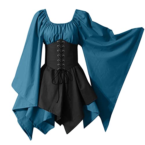 Damen Gothic Kleid Mittelalterliches Kostüm Mittelalter Kleid mit Trompetenärmel Retro Kostüm Gothic Renaissance Viktorianisches Prinzessin Kleidung Hexenkostüm Schnürkleid (01#blau, XL) von Saingace