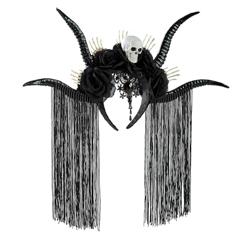 Saiyana Dark Series Schädel Antilope Hornhaarband mit Schädelblume Design für Halloween Kostümverkleidungszubehör(Schwarz) von Saiyana