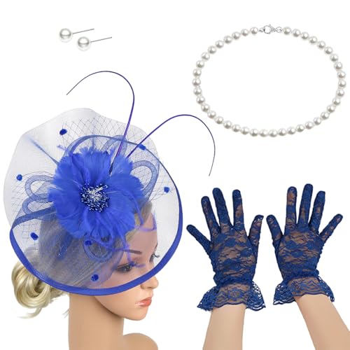 Saiyana Französischer Faszinatorhut mit Halskettenhandschuhen Ohrstöben Kostüm Set für Pferderennen und Halloween -Party -Anklei(Blau) von Saiyana