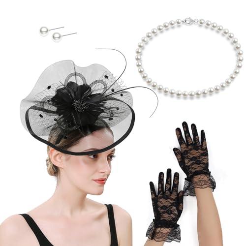 Saiyana Französischer Faszinatorhut mit Halskettenhandschuhen Ohrstöben Kostüm Set für Pferderennen und Halloween -Party -Anklei(Schwarz) von Saiyana